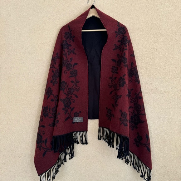 Jesi Lydia wool touch Burgundy/Wine and Black Floral Fringe Oversized Scarf/Wrap - Picture 2 of 9